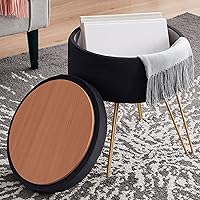 Ornavo Home Modern Round Velvet Storage Ottoman Foot Rest Stool/Seat with Gold Metal Legs & Tray Top Coffee Table - Black