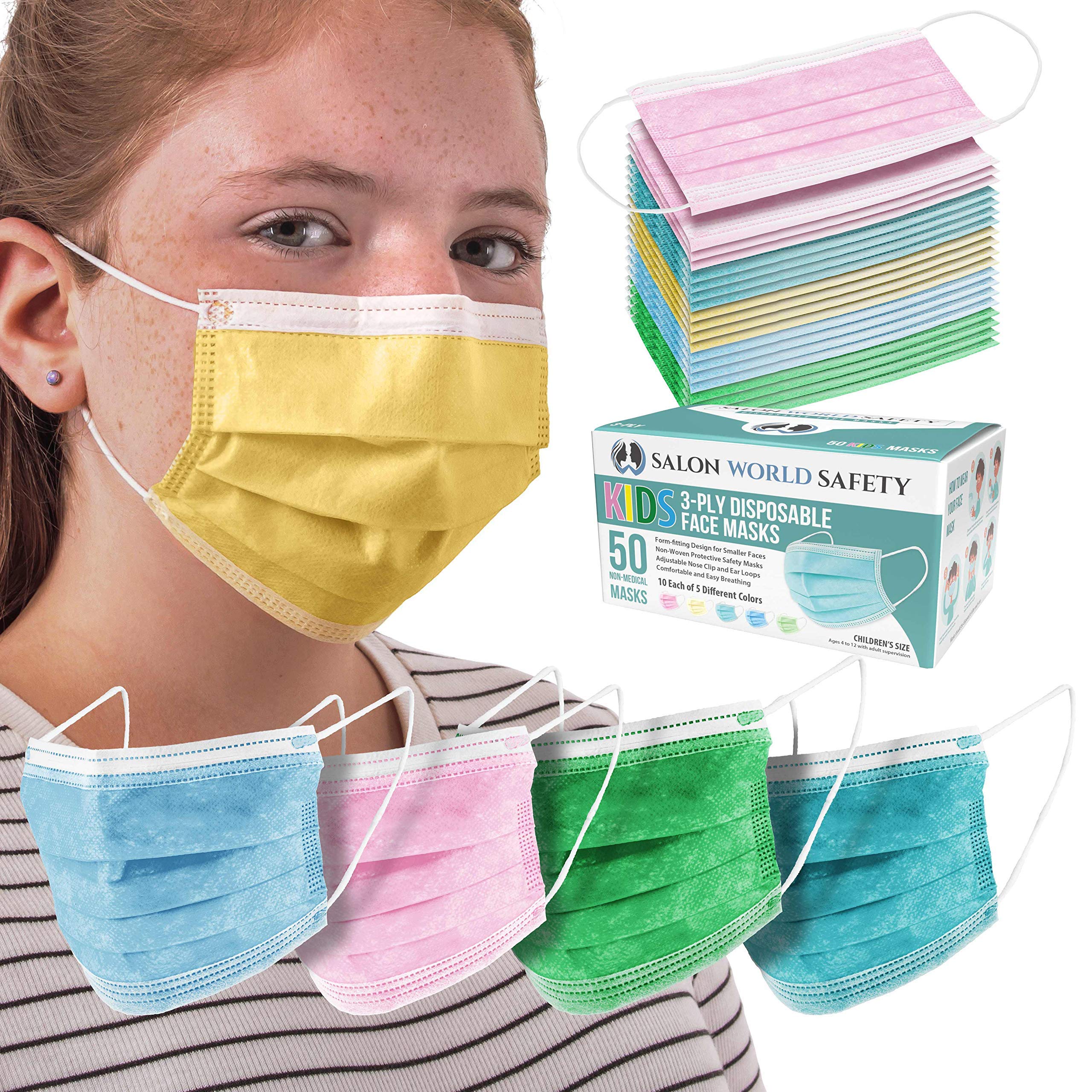 TCP Global Salon World Safety - Kids Face Masks 3-Ply Protective PPE (5 Colors) Disposable Children's Size