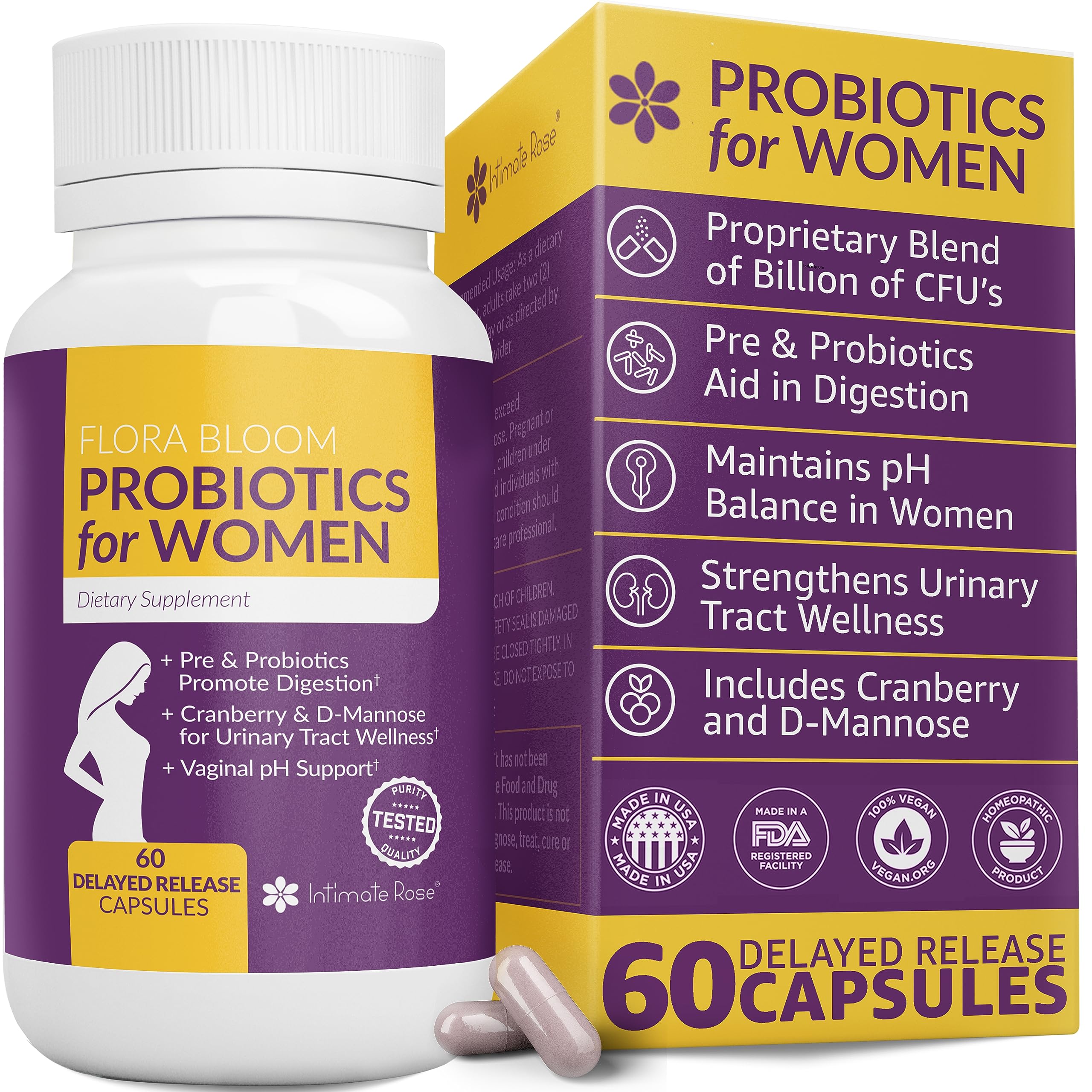 Complete Vaginal Probiotics for Women - w/ Added Cranberry, D-mannose to Promote Urinary Tract, Bladder, Gut & Vaginal Health - pH Balance for Women - Support UTI, BV, YI - 60 Vegan Capsules