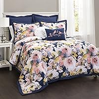 Lush Decor Floral Watercolor 7 Piece Comforter Set, Full Queen, Blue and Pink