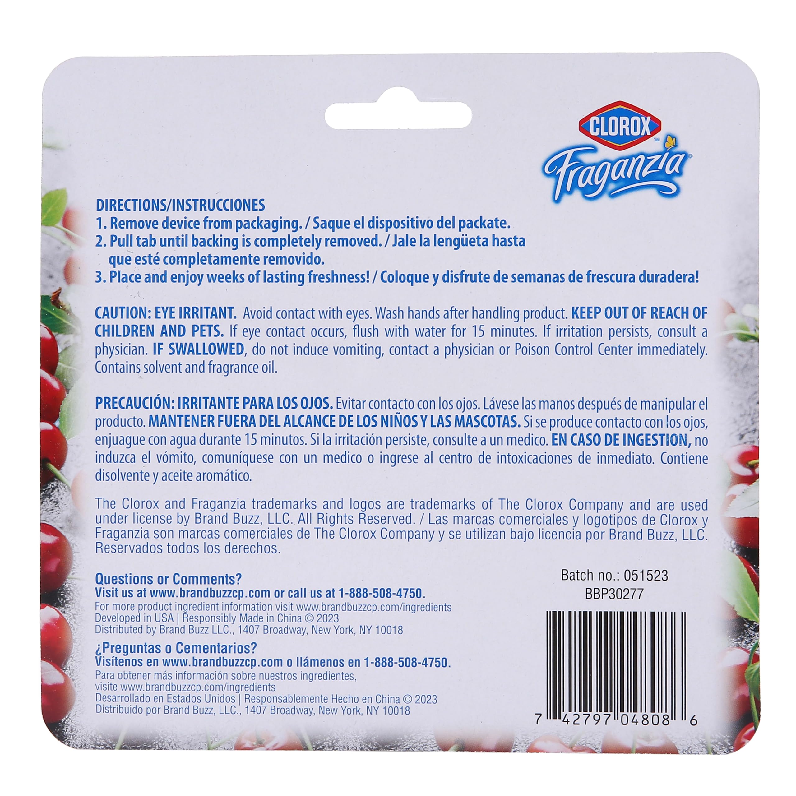 Clorox Fraganzia Small Rooms Air Freshener in Cherry Burst Scent, 2ct | Peel & Place Air Freshener, No-Plug, Battery-Free for Closets, Laundry Room, Entry Way, Bathroom, Locker, 2 Air Freshener Units