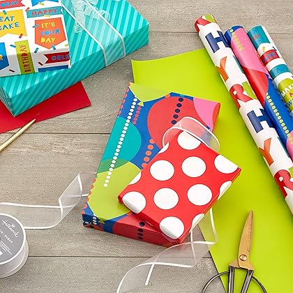 Hallmark Reversible Birthday Wrapping Paper Bundle (3-Pack: 75 sq. ft. ttl.) Balloons, Bright Green, Teal Stripes, White Polka Dots on Red