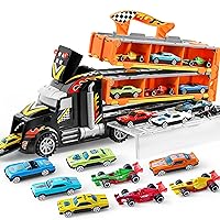 Carrier Truck Toys for Kids,5-FT Race Track and 12 Die-Cast Metal Toy Cars, Racing Car with Lights & Sounds, Truck Toy Gift for 2 3 4 5 Years Old Boys and Girls