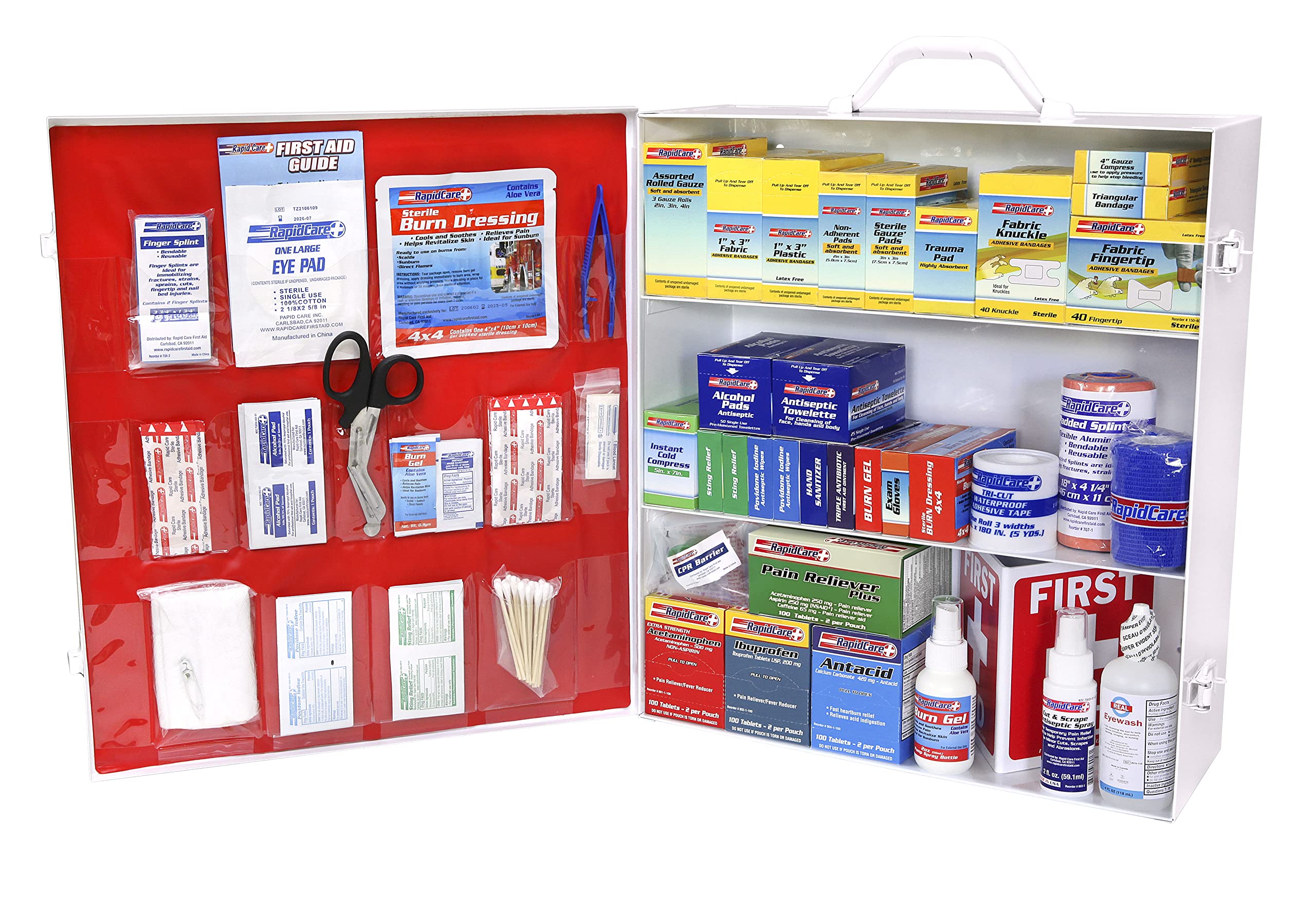 Rapid Care First Aid 80098 3 Shelf All Purpose First Aid Kit Cabinet, Class A+, Exceeds OSHA/ANSI Z308.1 2015, Wall Mountable