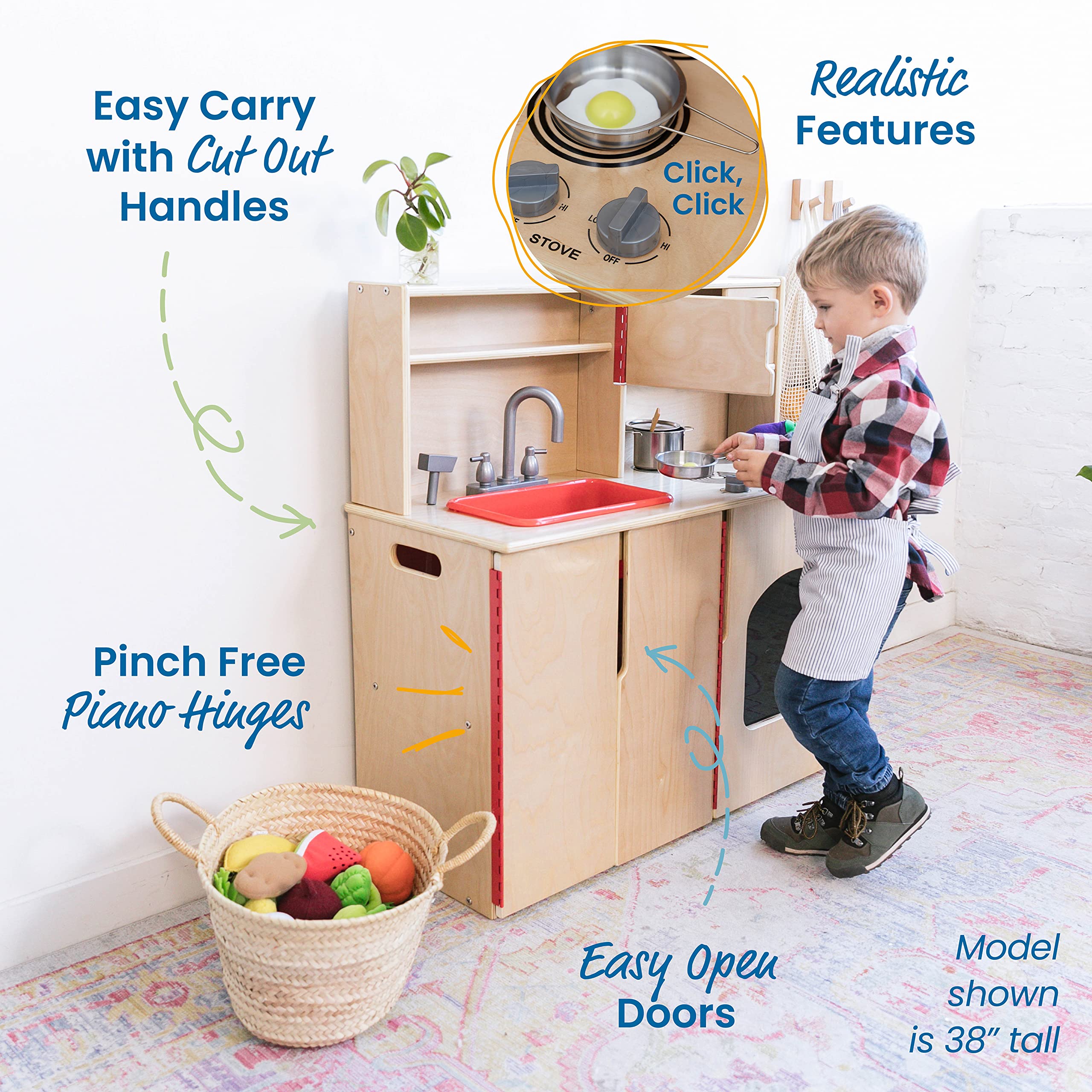 ECR4Kids 4-in-1 Kitchen, Sink, Stove, Oven, Microwave and Storage, Play Kitchen, Natural