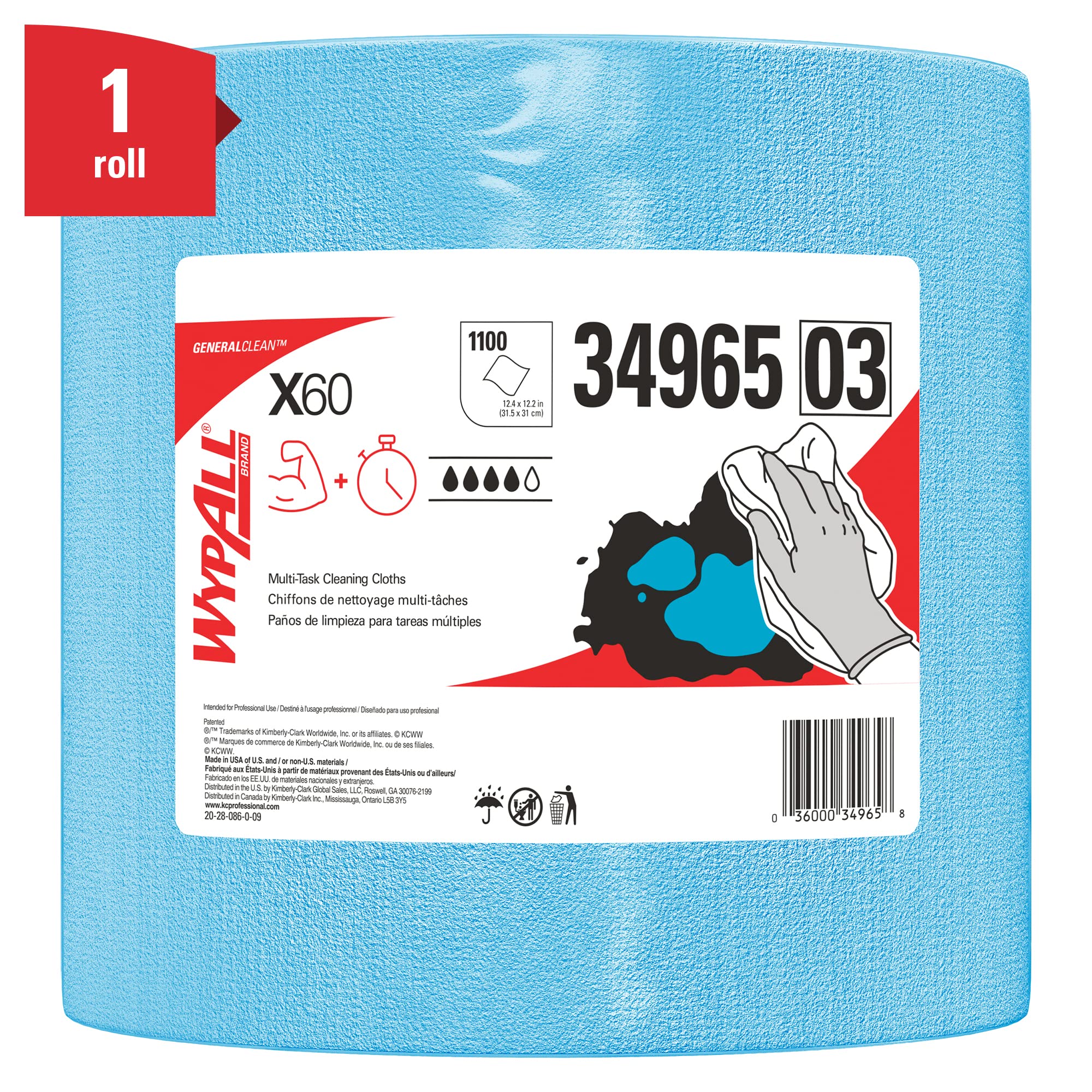 WypAll General Clean X60 Multi-Task Cleaning Cloths (34965), Jumbo Roll, Blue, 1,100 Sheets / Roll, 1 Roll / Case