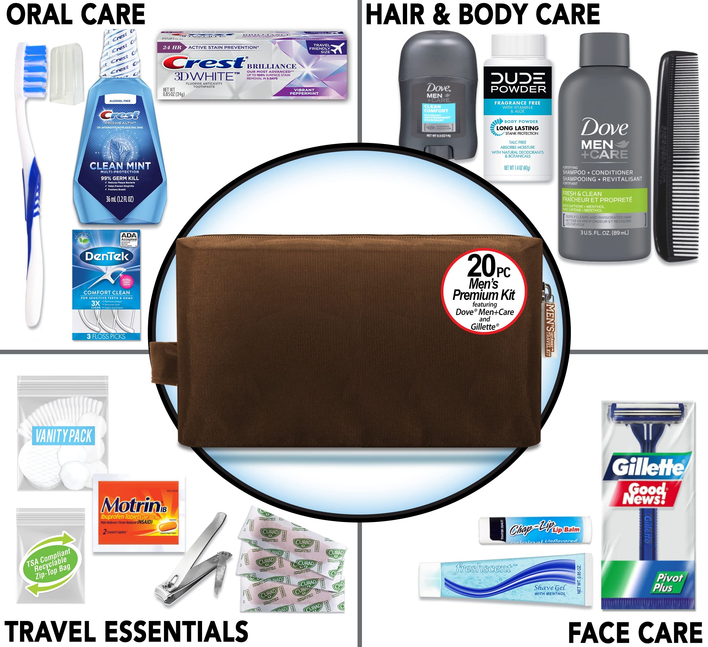 Convenience Kits International Men’s Premium 20-Piece Kit with Travel Size TSA Compliant Essentials, Featuring: Dove Men & Care Products in Brown Dopp Bag