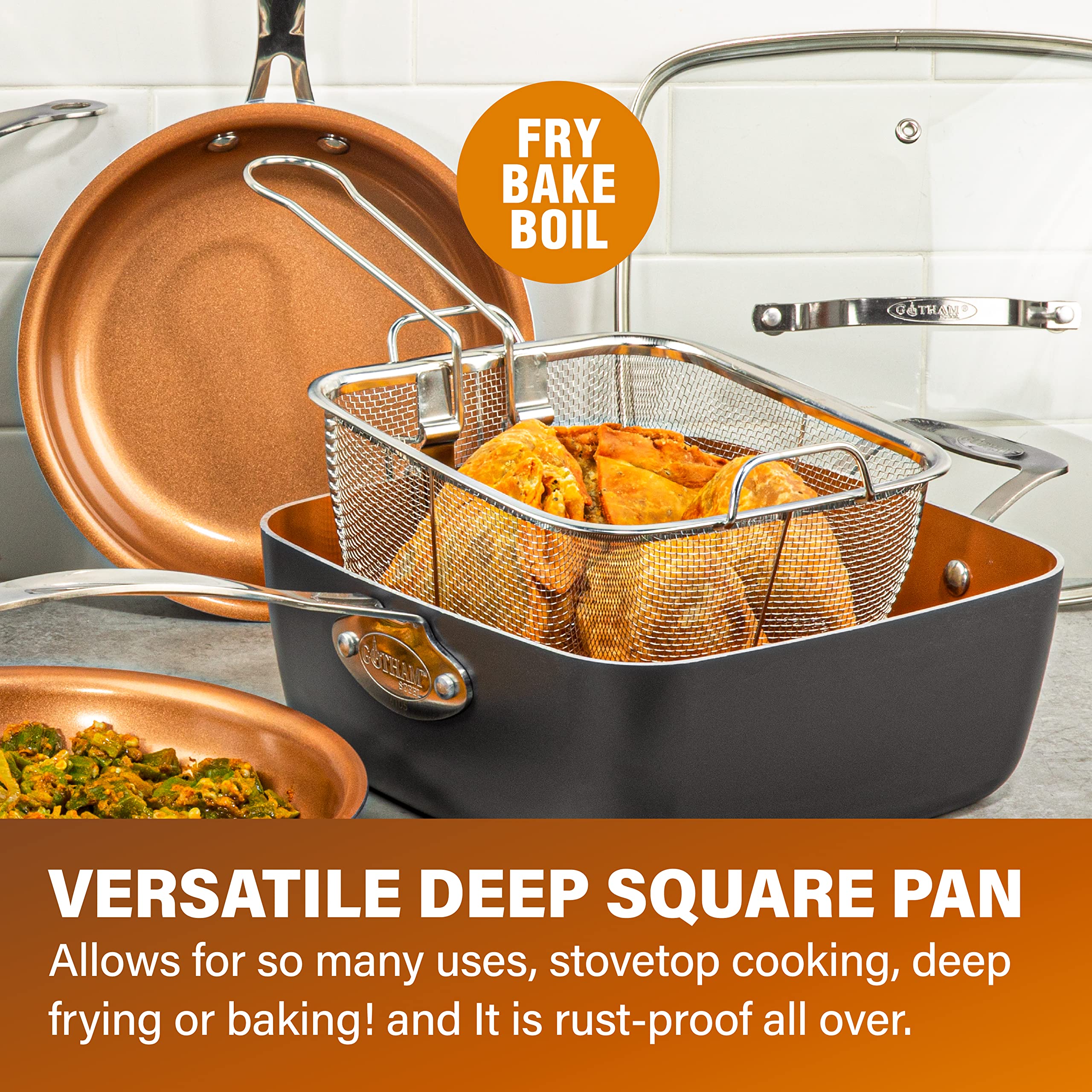 Gotham Steel Nonstick Square Deep Frying Pan, 9.5” Large Frying Pan & Cooking Pan with Ceramic Nonstick Coating, 4 Pc Titanium Ceramic Deep Frying Pan with Lid, Basket & Steamer Tray, Dishwasher Safe