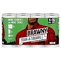 Brawny Tear-A-Square Paper Towels, 8 Double Rolls = 16 Regular Rolls, 3 Sheet Size Options, Quarter Size Sheets