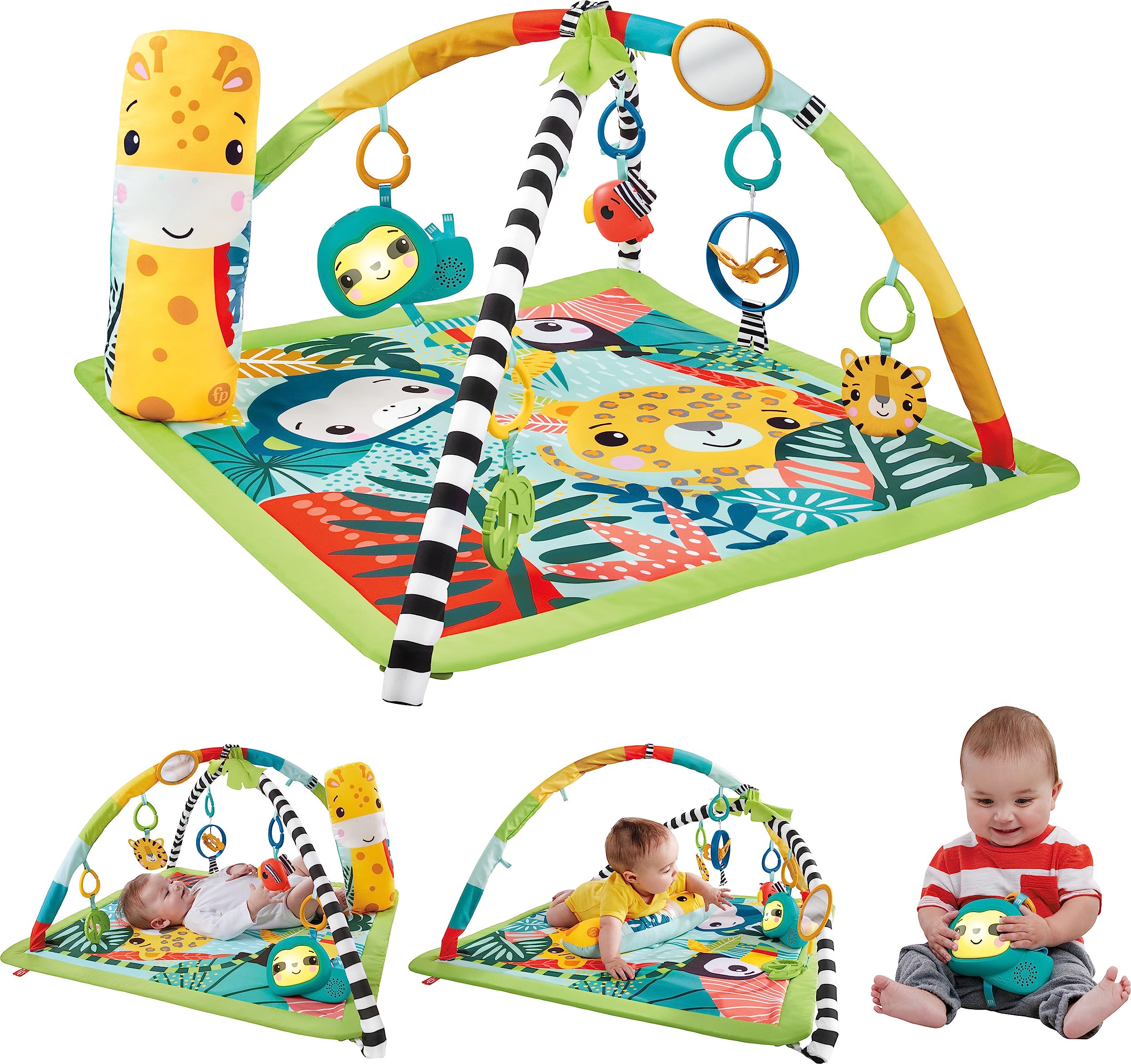 Fisher Price Newborn To Toddler Playmat 3-In-1 Rainforest Sensory Gym with Tummy Wedge, 5 Baby Toys and Music & Lights Sloth