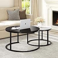 YIATHOME Nesting Coffee Tables Set of 2,Round Coffee Table for Living Room,Wood Coffee Tables with Sturdy Metal Frame, Black and White