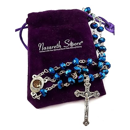 Nazareth Store Deep Blue Crystal Beads Rosary Catholic Necklace Holy Soil Medal Cross Crucifix Velvet Bag