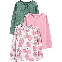 Simple Joys by Carter's Girls' 3-Pack Long Sleeve Shirts, Green Dots/Grey Floral/Pink, 4