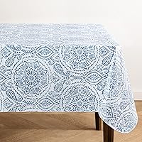 Elrene Home Fashions Savannah Boho Paisley Water- and Stain-Resistant Vinyl Tablecloth with Flannel Backing, 60 Inches X 84 Inches, Rectangle, Blue