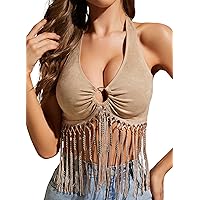 Women Going Out Sexy O Ring Fringe Crop Top Festival Tank Halter Corset