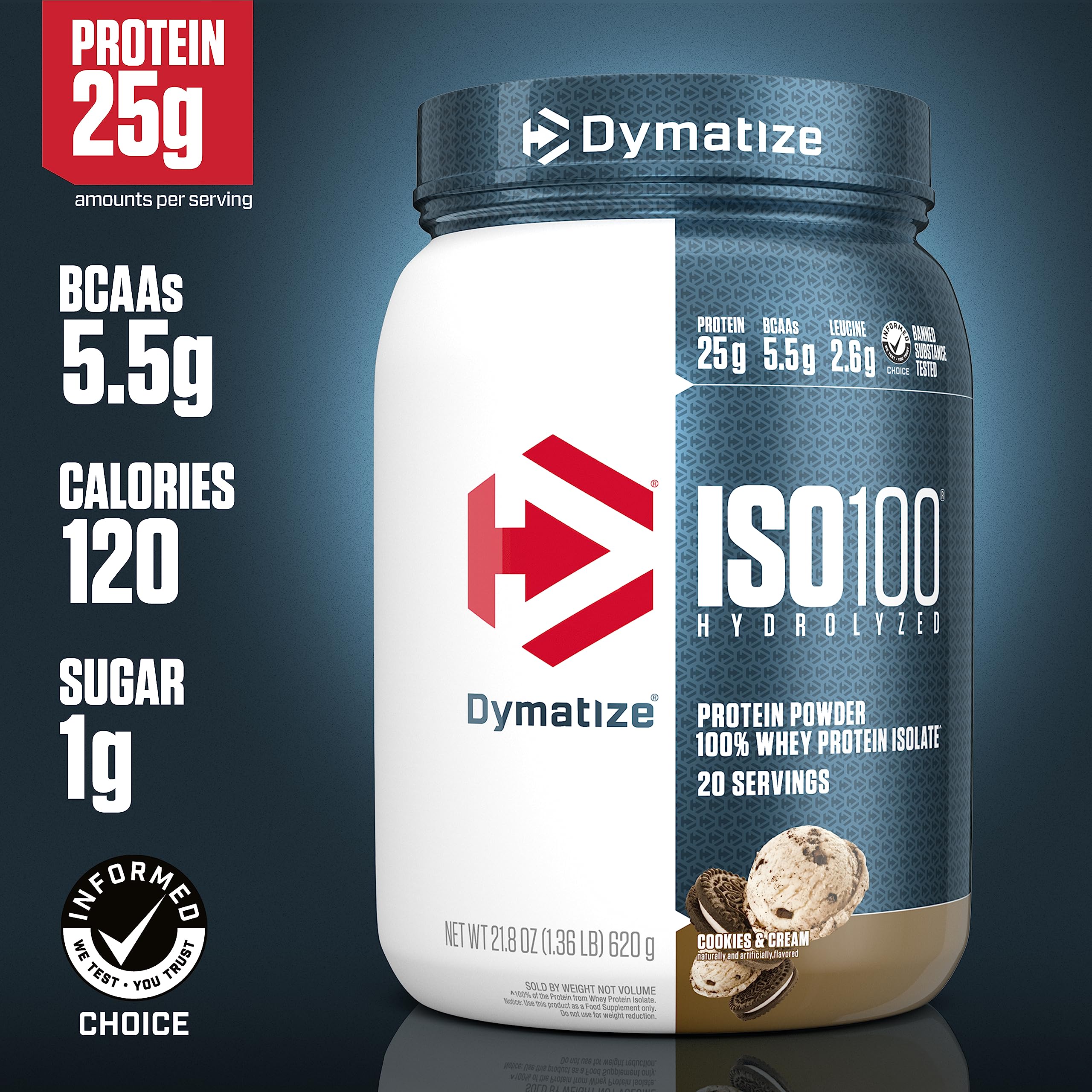 Dymatize ISO100 Hydrolyzed Protein Powder, 100% Whey Isolate Protein, 25g of Protein, 5.5g BCAAs, Gluten Free, Fast Absorbing, Easy Digesting, Cookies and Cream, 20 Servings