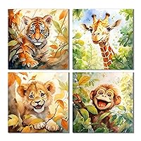 Lovely Animals Canvas Wall Art / Cute Tiger Monkey Lion and Giraffe Wall Pictures/ Nice Wall Decoration for kids Children Girl Boys Birthday Party Gift / Decorative for Kids' Room 16x16 inch Unframed