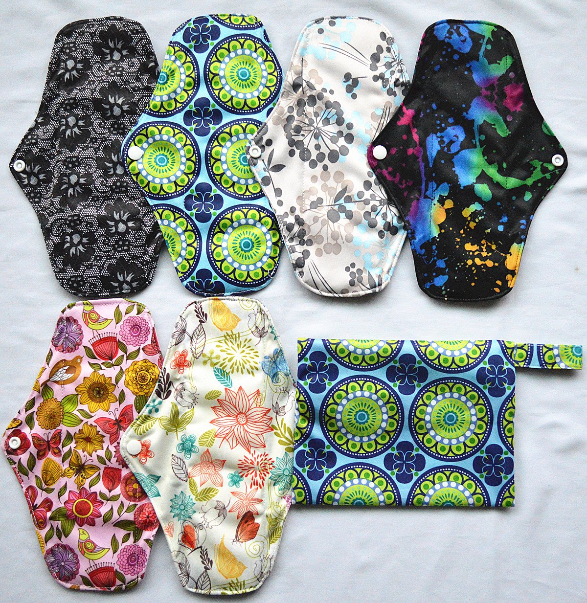 7pcs Set 1pc Mini Wet Bag +6pcs 10 Inch Regular Charcoal Bamboo Mama Cloth/Menstrual Pads/Reusable Sanitary Pads(Peacock)