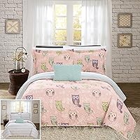Chic Home Farm 4 Piece Reversible Quilt Set Cute It's A Hoot Owl Friends Youth Design Bed in a Bag-Decorative Pillow Shams Included, Full, Pink