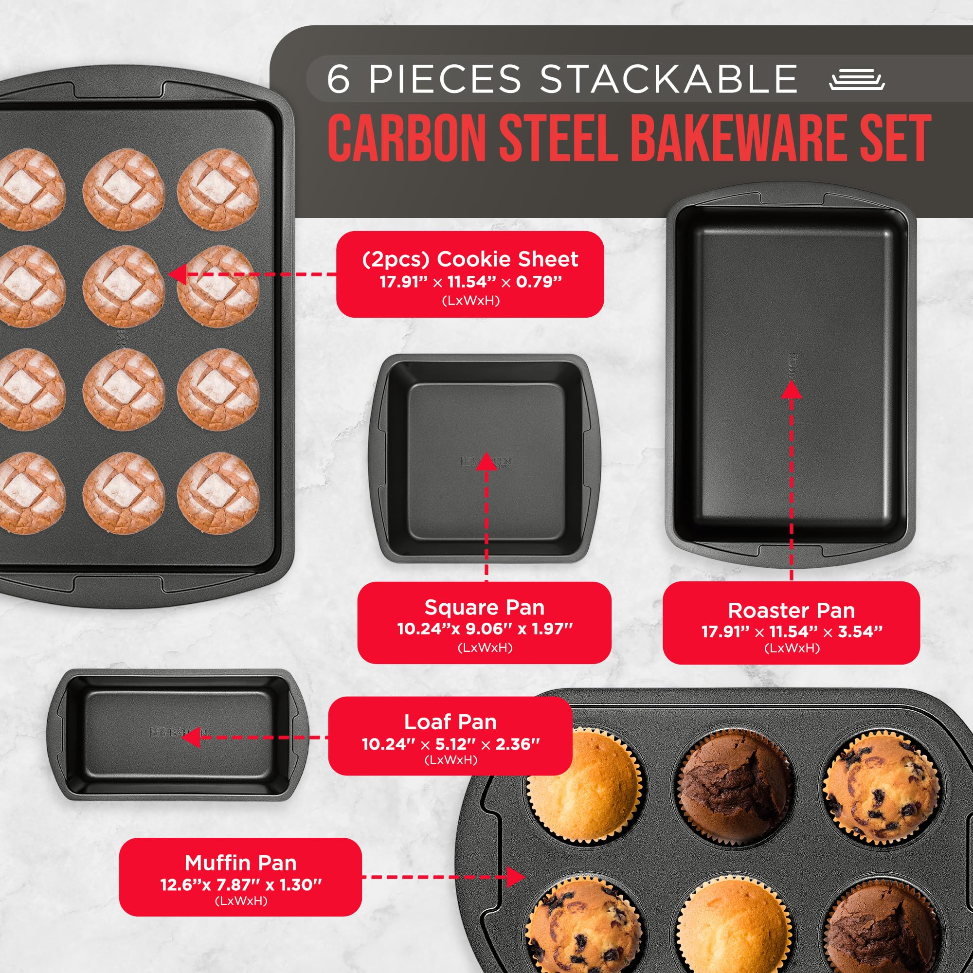 Bakken Swiss - Bakeware Set – 6 Piece – Stackable, Deluxe, Non-Stick Baking Pans for Professional and Home Cooking – Carbon Steel, Gray Stone Coating