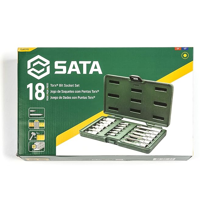 SATA 18-Piece Torx Bit Socket Set 1/4-Inch and 1/2-Inch Drive with Long and Short Bits in a Green Storage Case ST09052SJ 