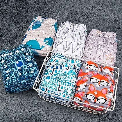 ALVA Pocket Cloth Diapers Reusable, Washable Adjustable, One Size for Baby Boys and Girls, 6 Pack with 12 Inserts 6DM26