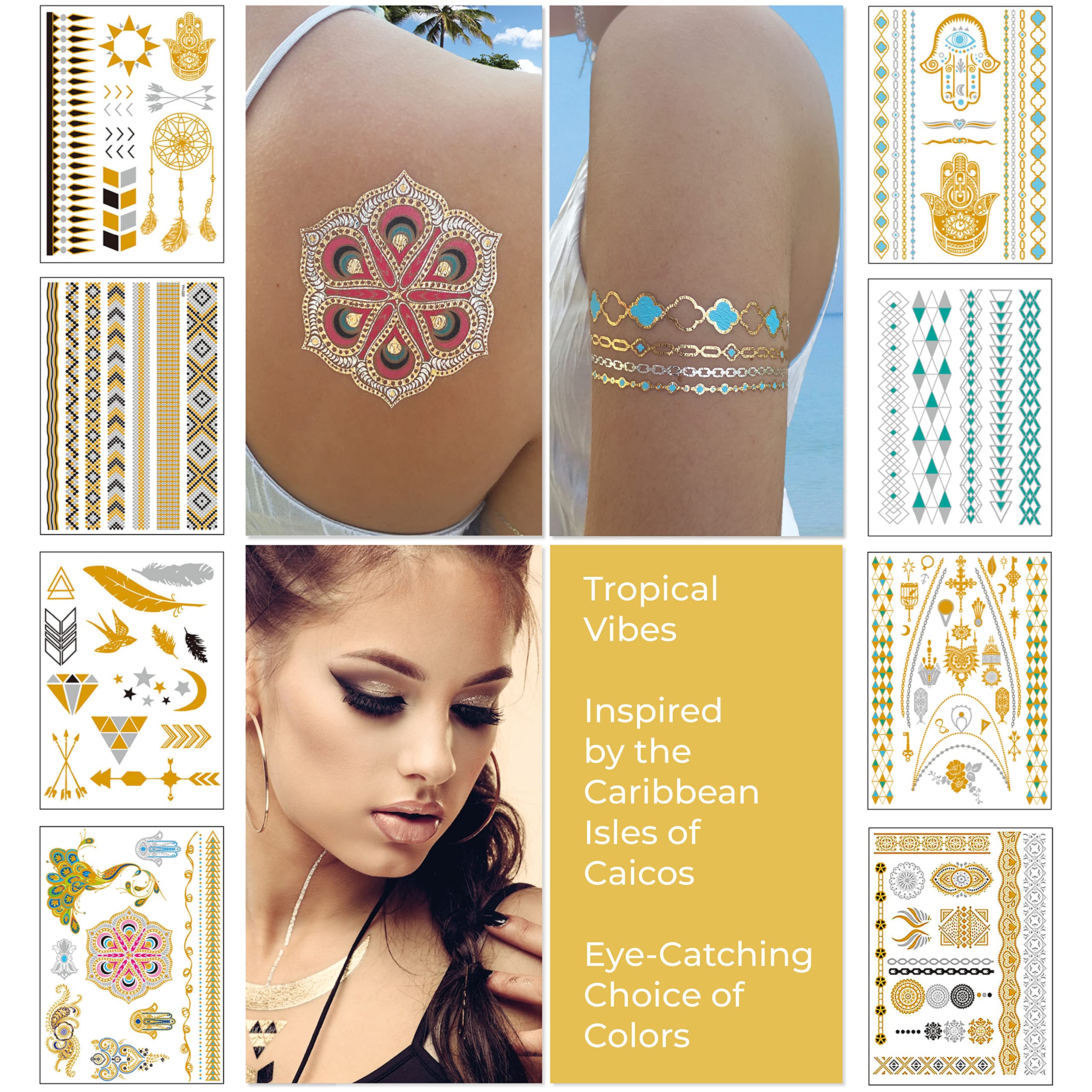 Metallic Temporary Tattoos for Women Teens Girls - 8 Sheets Gold Silver Temporary Tats Glitter Shimmer Designs Jewelry Tattoos - 100+ Color Flash Fake Waterproof Tattoo Stickers (Caicos)