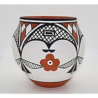 Traditional Hand Coiled Acoma Pueblo Pottery Bowl with Flower Design