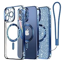 Meifigno Candy Mag Series Case Designed for iPhone 15 Pro, [Compatible with MagSafe] [Glitter Card & Wrist Strap] Full Camera Lens Protection for iPhone 15 Pro Case Women Girls, Deep Blue