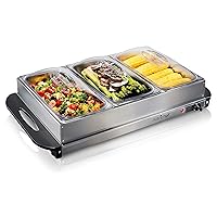 Nutrichef Professional Stainless Steel Buffet Warmer Server with 3 Trays | Portable Hot Plate Food Warmer Station for Parties & Events | Easy to Clean | 3 See-through lids | Max Temperature 175F