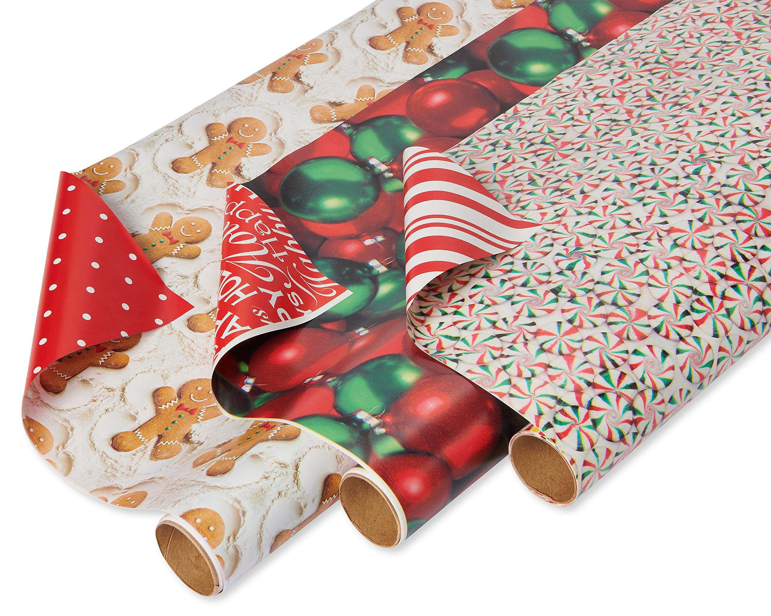American Greetings Reversible Christmas Extra-Wide Wrapping Paper Bundle, Gingerbread, Ornaments and Peppermints (3 Rolls, 120 sq. ft.)