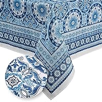 Elrene Home Fashions Vietri Medallion Block Print Stain & Water Resistant Indoor/Outdoor Fabric Rectangle Tablecloth, 60