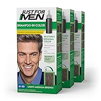 Just For Men Shampoo-In Color (Formerly Original Formula), Mens Hair Color with Keratin and Vitamin E for Stronger Hair - Light-Medium Brown, H-30, Pack of 3
