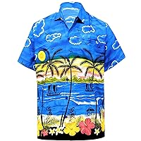 LA LEELA Men's Hawaiian Shirts Short Sleeve Button Down Shirt Mens Holiday Shirts Summer Beach Casual Aloha Tropical Shirts for Men Funny XL Sunset Palm, Blue