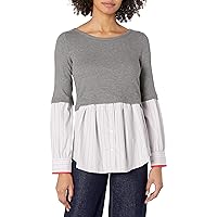 Women's Mixed Media, Sweater with Woven Top, Long Sleeves