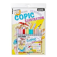 Copic Ciao Illustration Book Bundle Set, Alcohol-Based Markers (12 pcs) with an Instruction Book