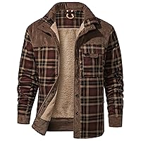 Flygo Men's Outdoor Casual Vintage Buck Fleece Sherpa Lined Flannel Camp Plaid Shirt Jacket(Coffee-M)