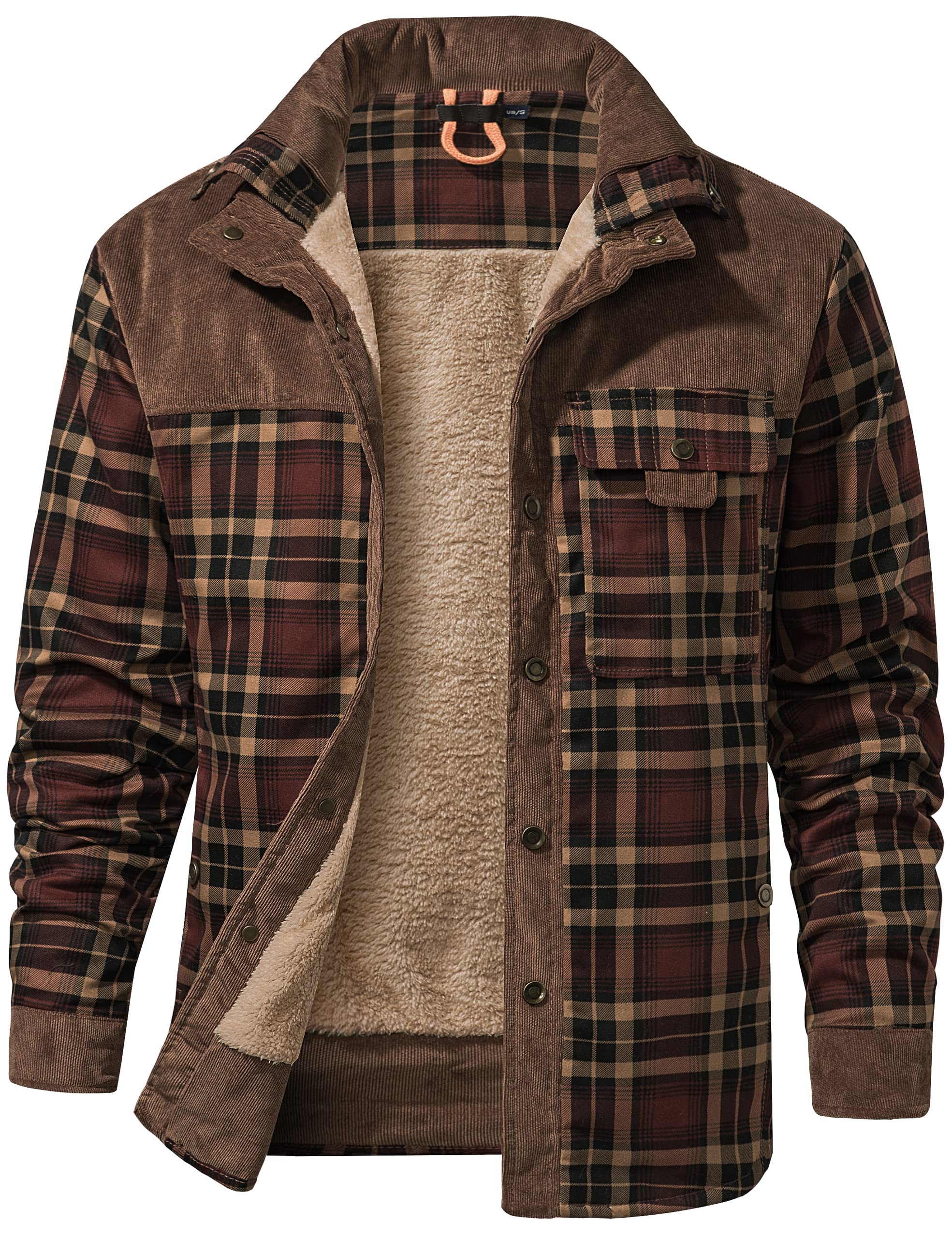 Flygo Men's Outdoor Casual Buck Camp Fleece Sherpa Lined Flannel Plaid Shirt Jacket