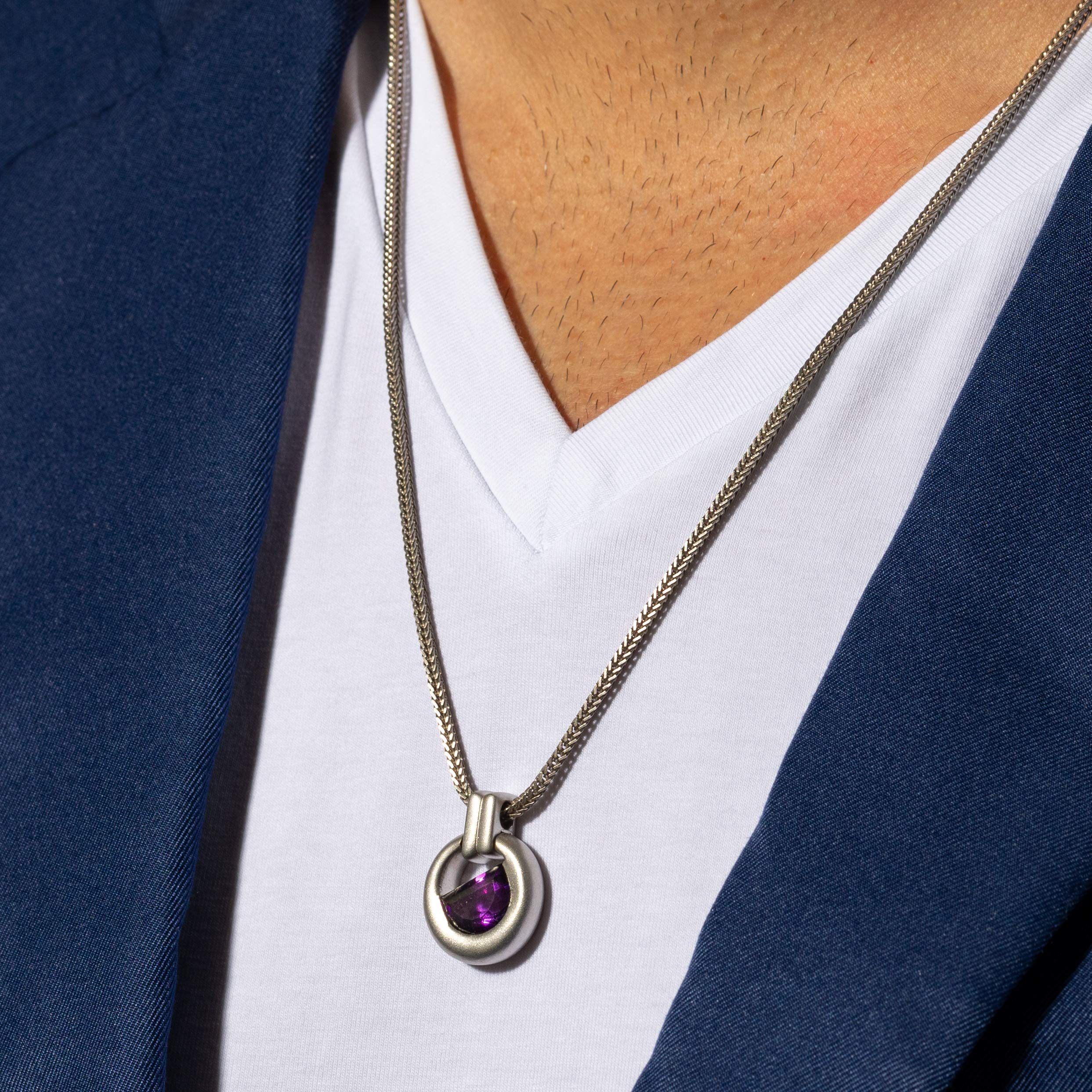 Peora Amethyst Amulet Pendant Necklace for Men in Sterling Silver, 3 Carats Half Moon Shape, Brushed Finished, with 22-Inch Italian Chain