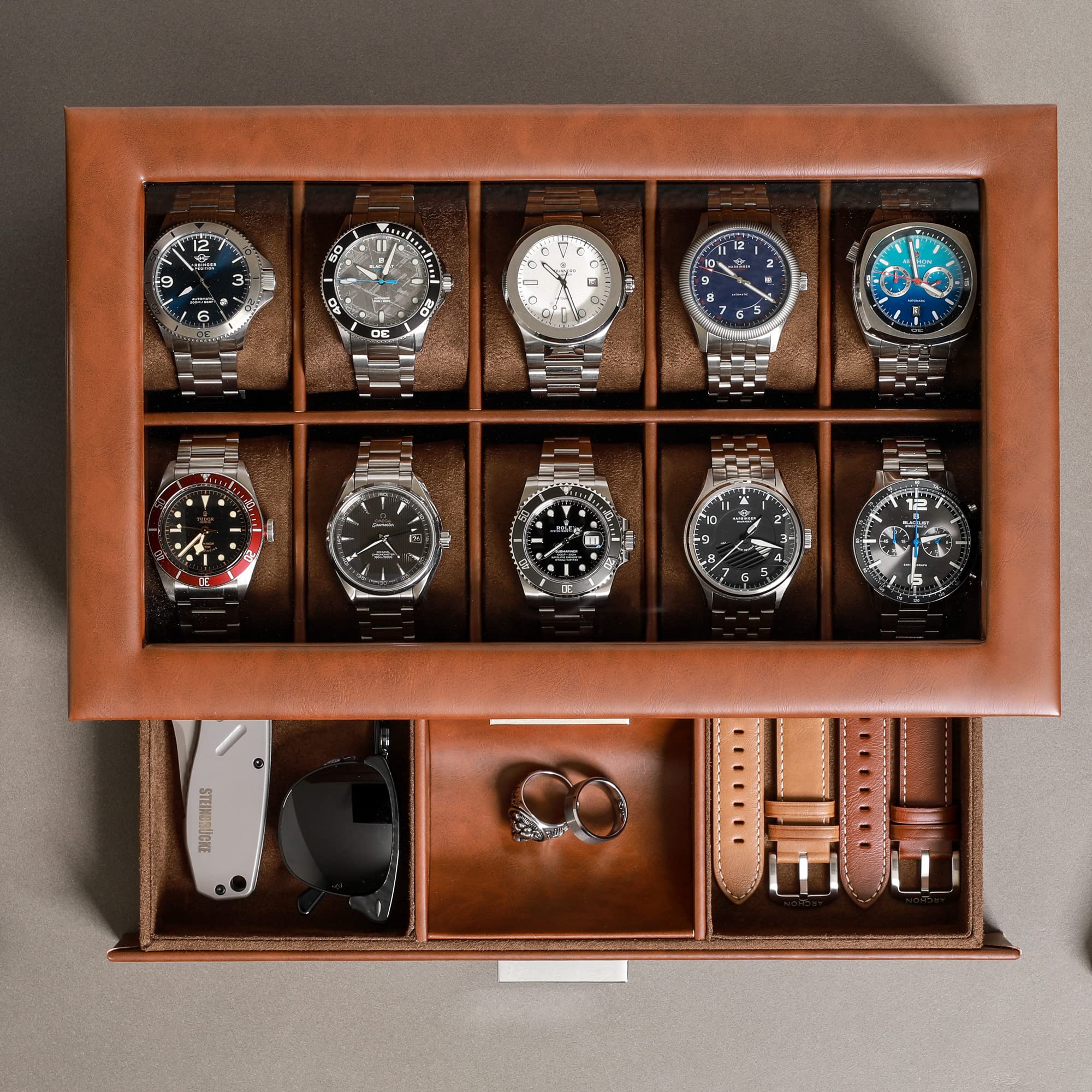 Gift Set 10 Slot Leather Watch Box with Valet Drawer & Matching 2 Watch Travel Case - Luxury Watch Case Display Organizer, Locking Mens Jewelry Watches Holder, Men's Storage Boxes Glass Top Tan/Brown