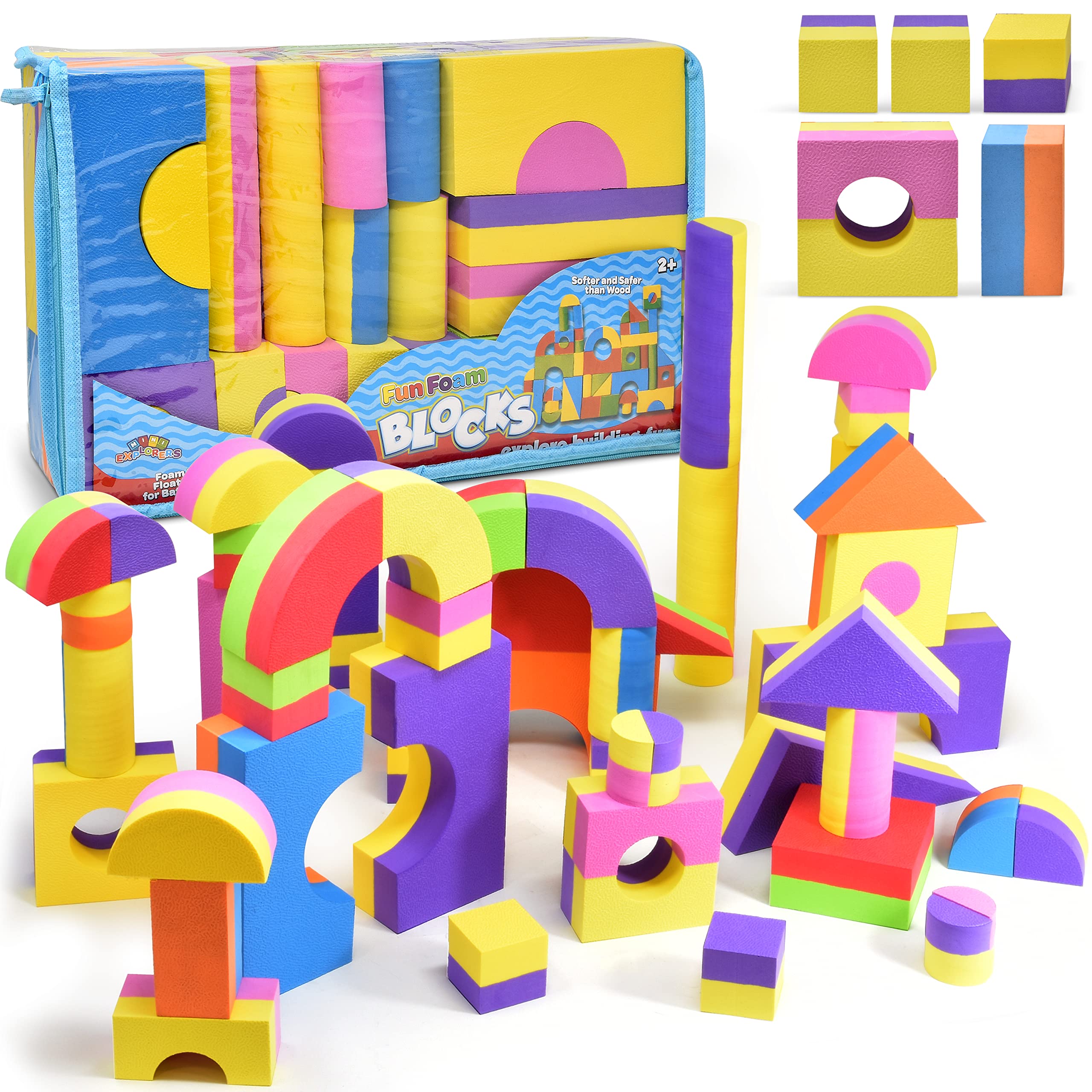 Foam Building Blocks, Building Toy for Girls and Boys, Ideal Blocks Construction Toys for Toddlers, 52 Pieces Different Shapes and Sizes, Waterproof, Bright Colors