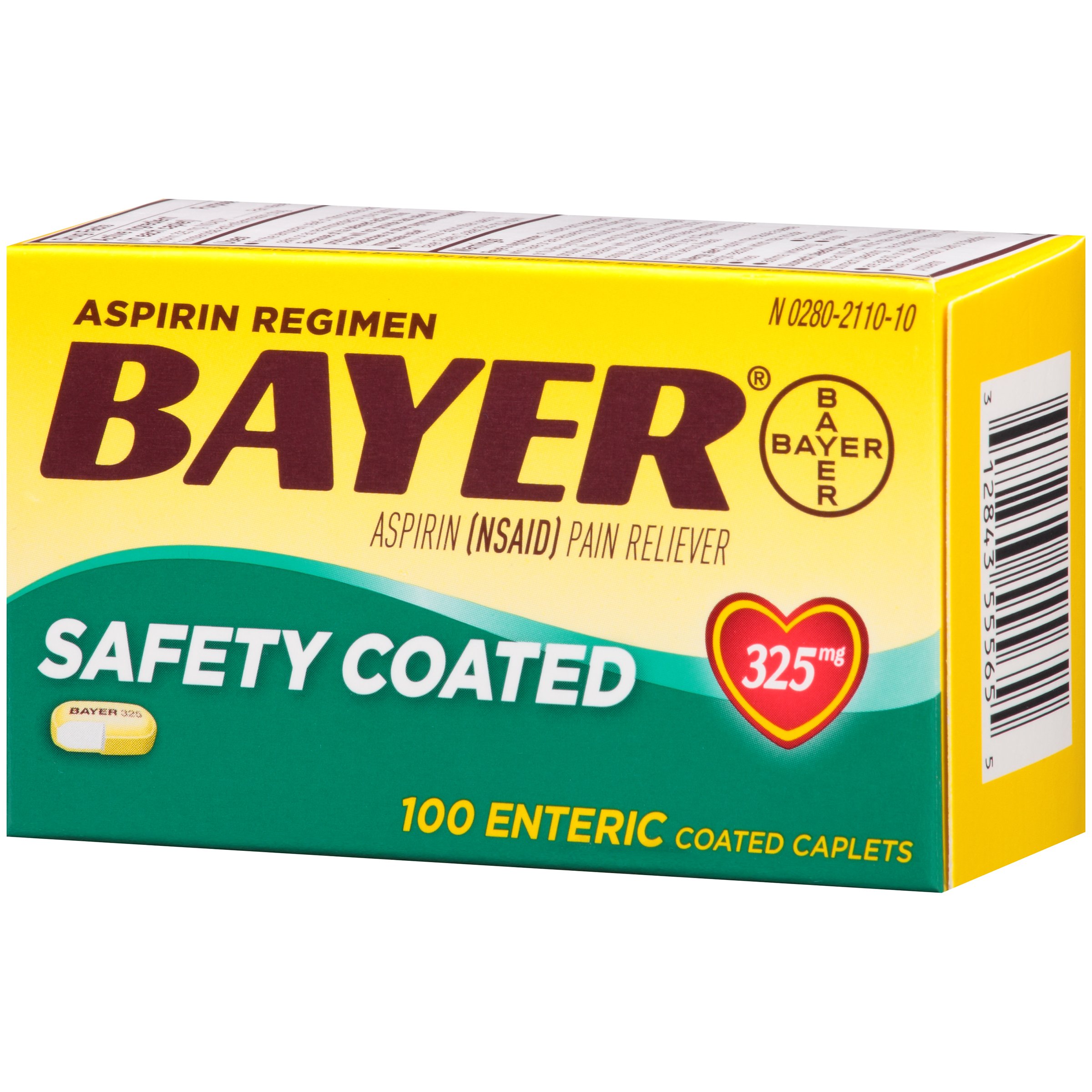 Bayer Aspirin Regimen, 325mg Enteric Coated Tablets, Pain Reliever, 100 Count (Pack of 2)