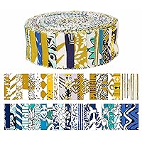 Soimoi 40Pcs Asian Block Print Precut Fabrics Strips Roll Up 1.5x42 inches Cotton Jelly Rolls for Quilting - Mustard, Blue, White