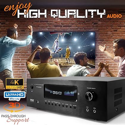 Pyle 1000W Bluetooth Home Theater Receiver - 5.2 Channel Surround Sound Stereo Amplifier System with 4K Ultra HD, 3D Video & Blu-Ray Video Pass-Through Supports, HDMI/MP3/USB/AM/FM Radio - Pyle, Black