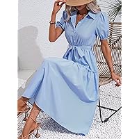 Dresses for Women - Puff Sleeve Ruffle Hem Belted Shirt Dress (Color : Baby Blue, Size : Small)