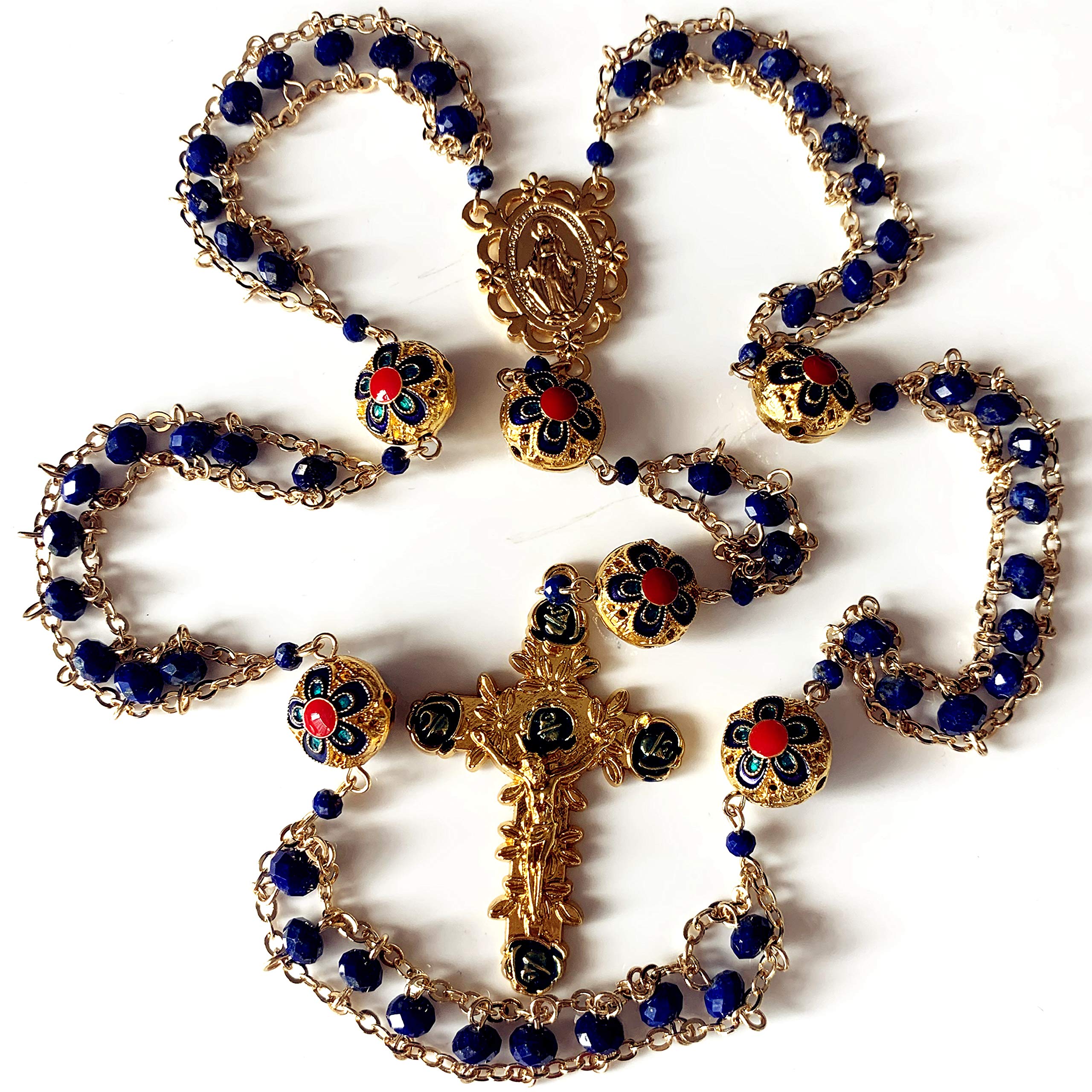 elegantmedical handmade Gold Ladder to Heaven Lapis Lazuli & Enamel Beads Catholic Rosary crucifix Necklace