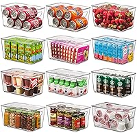 Set Of 12 Refrigerator Organizer Bins with Lids - Plastic Pantry Organization and Storage Baskets - Stackable Food Fridge Organizers with Cutout Handles for Freezer, Kitchen, Countertops, Cabinets