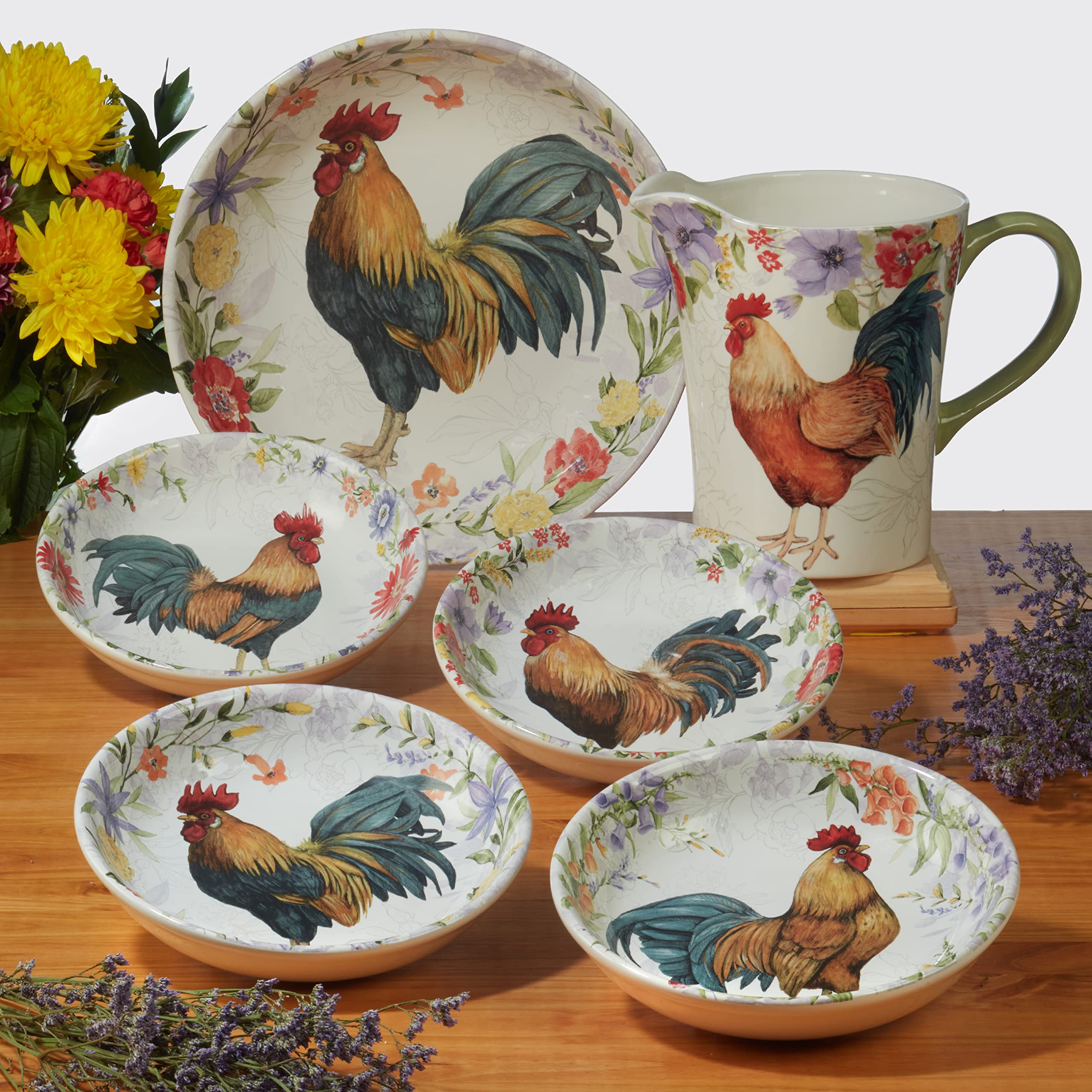Certified International Floral Rooster 38 oz. Soup/Pasta Bowls, Set of 4 Assorted Designs, Multicolor