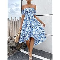 Summer Dresses for Women 2022 Floral Print Off Shoulder Shirred Wrap Hem Dress Dresses for Women (Color : Blue and White, Size : X-Small)