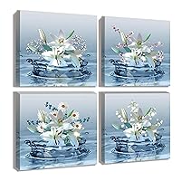 White Lily Flower Wall Art Blue White Floral Nature Canvas Colorful Still Life Painting Bathroom 4 Pieces Home Deco(white and blue, 12x12inch)